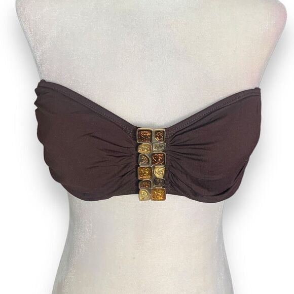 Vintage LaBlanca Bandeau Bikini Swim Top Brown Jewel Detail Summer Essential - Picture 5 of 12